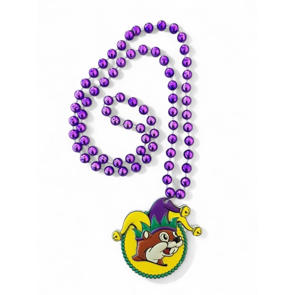 Bucees Mardi Gras beads Necklace with Buc-ee Beaver Purple Celebrate Beaver King